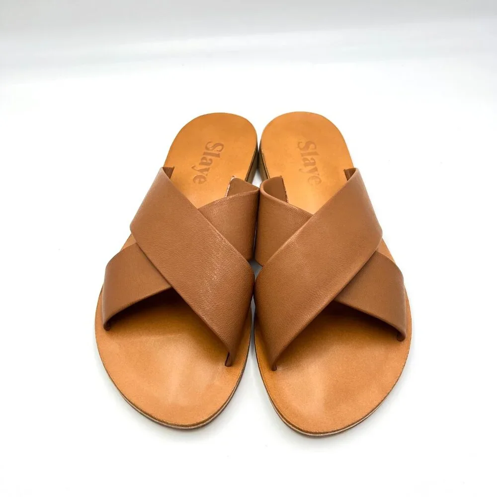 Slaye Womens EU 37 US‎ 7 Brown Leather Slip On Sandals Slides Shoes - Picture 2 of 13